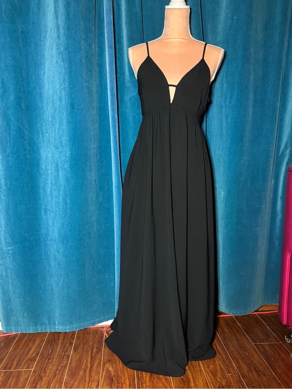 Black Spaghetti-Strap Maxi Dress - Elegant V-Neck